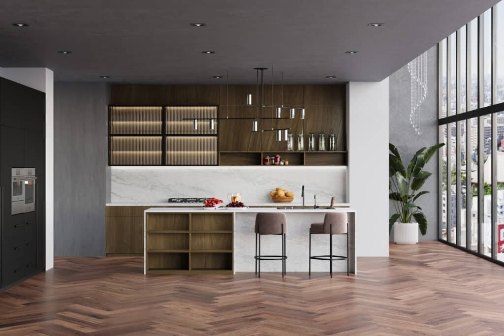 Kitchen with Vicostone BQ6984 quartz countertops and walnut cabinets